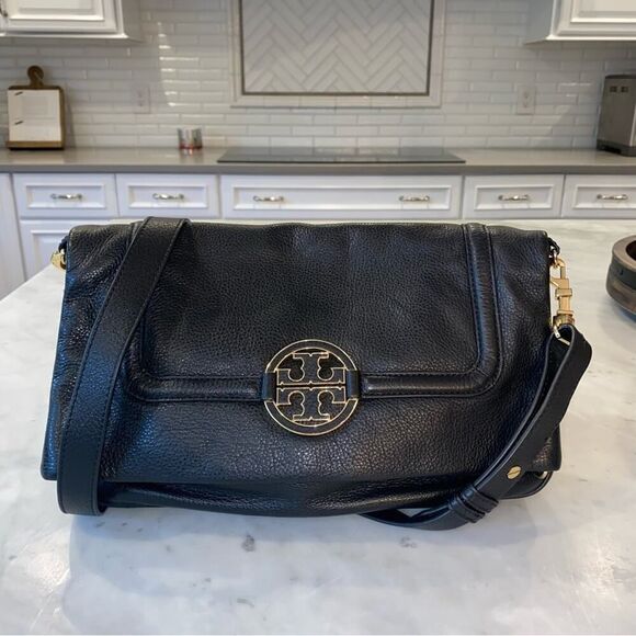 Tory Burch Black Leather Amanda Foldover Black Pebble Leather Crossbody EUC - Picture 7 of 16